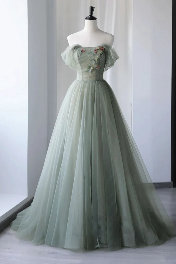 Off Shoulder Green Tulle Floral Long Prom Dresses, Green Evening Dresses with 3D Flowers PFP2388