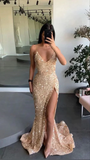 Gold Engagement Spaghetti Straps Mermaid Long Prom Dresses,Evening Gown PFP2389