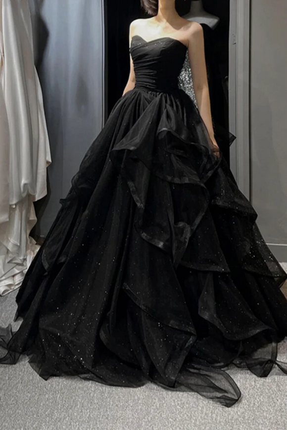 Black Tulle Layers Long A Line Prom Dress, Black Strapless Evening Dress PFP2393