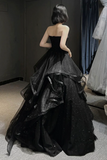 Black Tulle Layers Long A Line Prom Dress, Black Strapless Evening Dress PFP2393