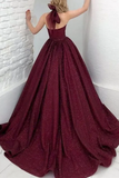 Shiny Halter Open Back Burgundy Prom Dresses Long, Open Back Maroon Formal Evening Dresses PFP2395