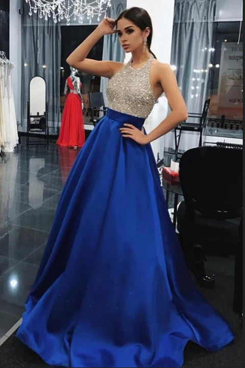 A-Line Halter Backless Sweep Train Royal Blue Prom Dress with Beading Pockets PFP1482