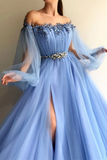 Elegant Blue Long Sleeves Off the Shoulder Beaded Crystal Side Slit Prom Dresses PFP0189