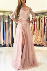 Sexy Split Blush Pink Long Sleeve Lace Evening Prom Dresses, Sexy Party Prom Dresses