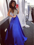 A-Line Halter Backless Sweep Train Royal Blue Prom Dress with Beading Pockets PFP1482