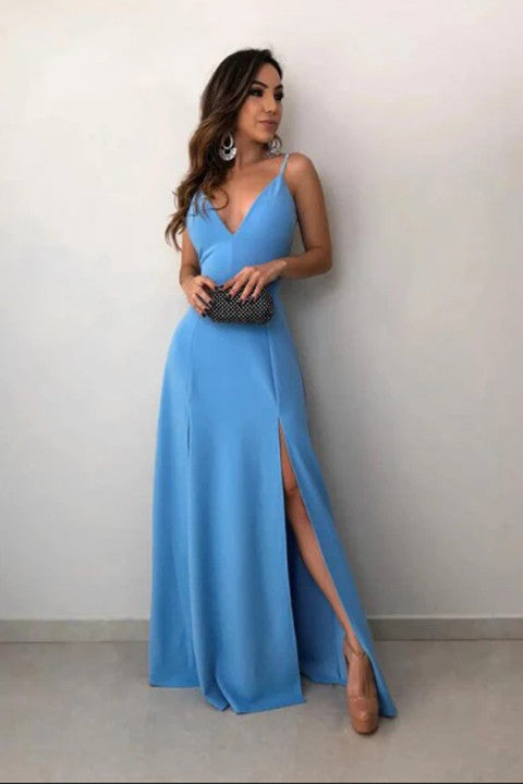A-Line Spaghetti Straps Floor-Length Sky Blue Prom Dress with Split PFP1485
