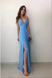 A-Line Spaghetti Straps Floor-Length Sky Blue Prom Dress with Split PFP1485