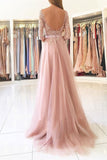 Sexy Split Blush Pink Long Sleeve Lace Evening Prom Dresses, Sexy Party Prom Dresses PFP0536