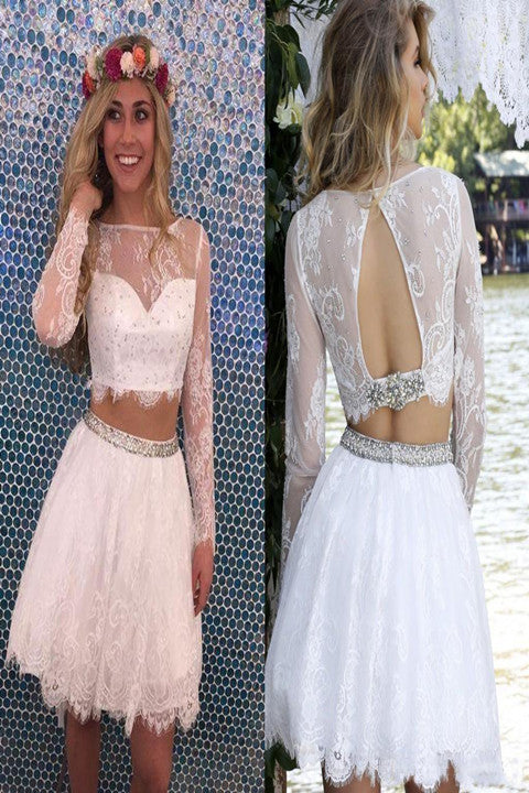 Two Piece Lace Short Long Sleeve Beading Open Back Homecoming Dress
