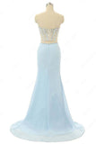 Elegant Mermaid Sweetheart Chiffon Sweep Train Split Front Light Sky Blue Prom Dresses PFP0854
