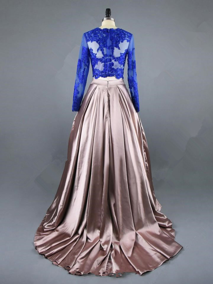 blue long sleeve two piece prom dress A Line Royal Blue Two Piece Long Sleeve Lace Top Prom Dresses PFP0859 –  Promfast