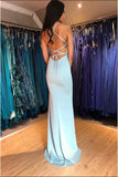 Mermaid Spaghetti Straps Sweep Train Light Blue Prom Dress with Split PFP1484