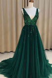 Sexy V-nevk V-back Green Tulle Evening Dresses,Cheap Long A Line Prom Dresses PFP0611