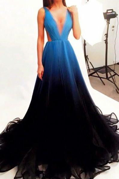 2019 Black Blue Gradient Tulle Long Evening Party Dress,A Line V-neck   Promfast