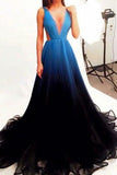 2019 Black Blue Gradient Tulle Long Evening Party Dress,A Line V-neck Prom Dresses PFP0934