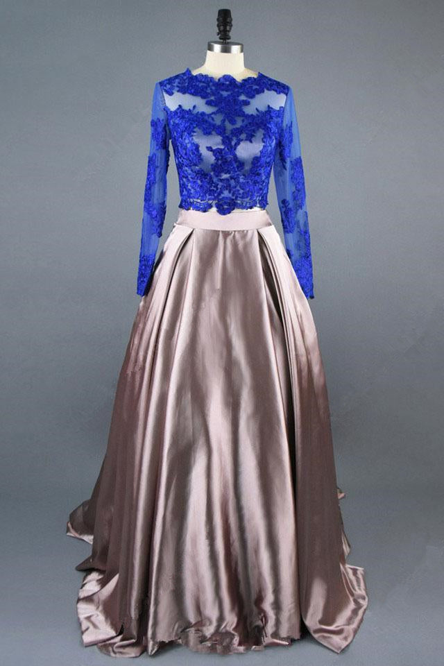A Line Royal Blue Two Piece Long Sleeve Lace Top Prom Dresses PFP0859 Promfast A Line Royal Blue Two Piece Long Sleeve Lace Top Prom Dresses PFP0859 Promfast